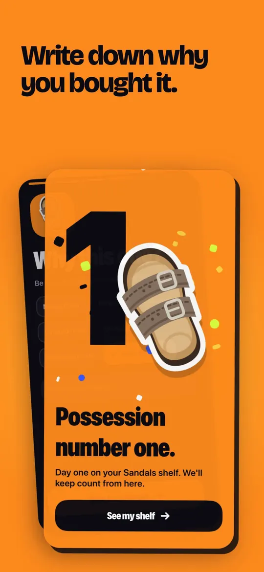A frame from the portrait promo: Write down why you bought it, above an iPhone screen.